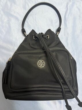 Tory Burch Black Drawstring Shoulder Bag with Logo Medallion